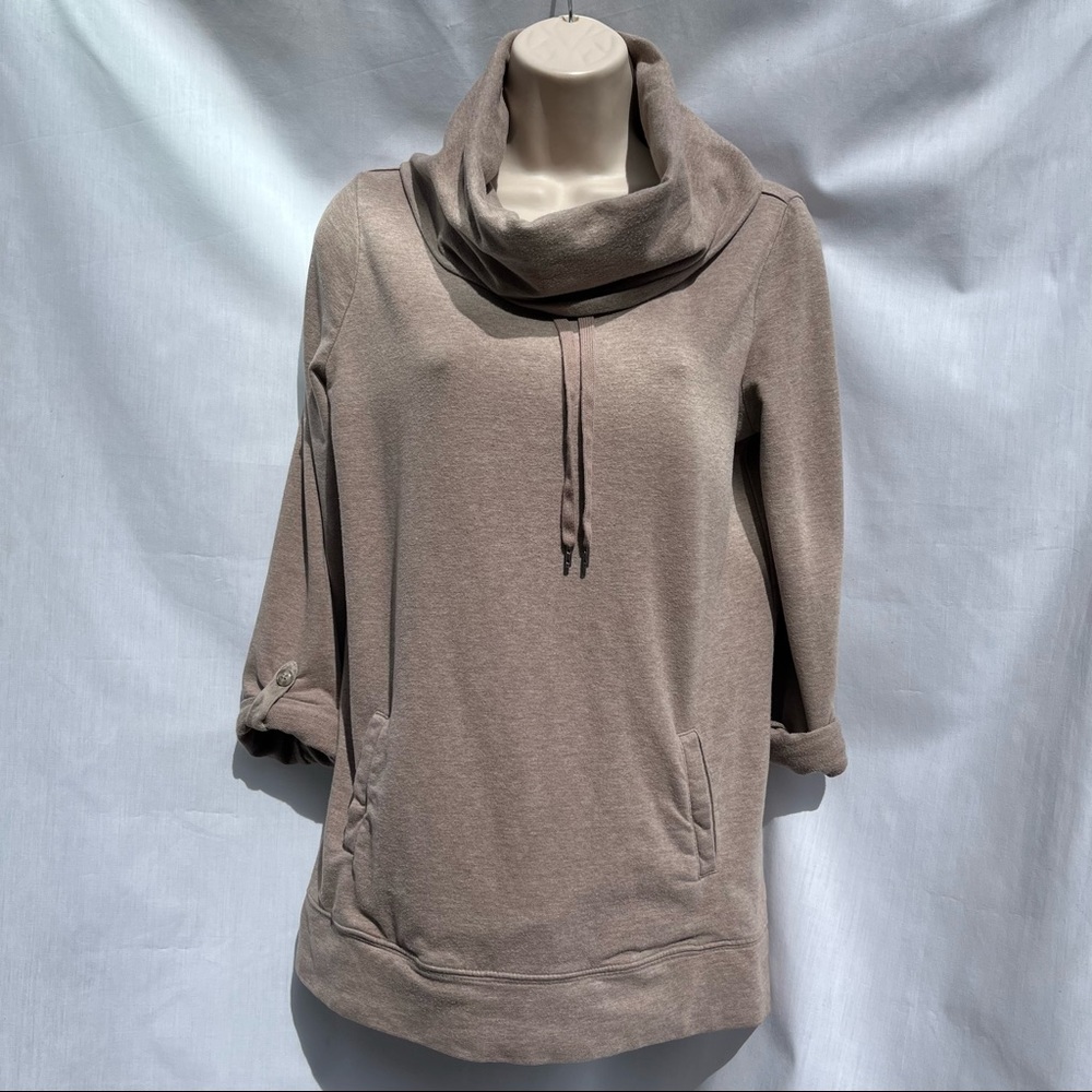 Lands’ End Light Heather Brown Cowl Neck Roll Up Button Sleeve Pullover Size XS